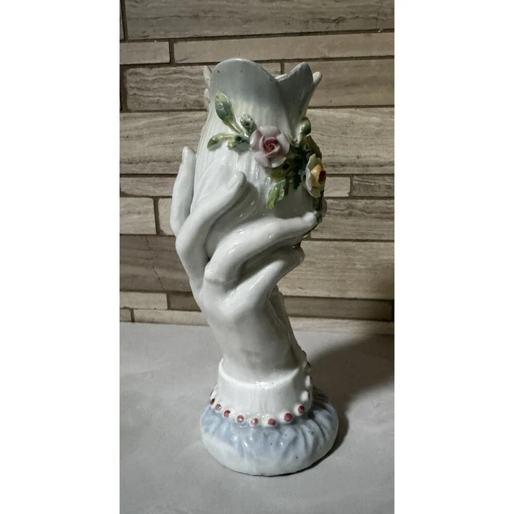 Antique Dresden-style porcelain hand-shaped figural vase